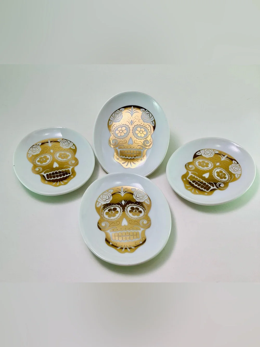 Set - 4 Paper Source Trinket Plates White Gold Skull Day Of The Dead Halloween
